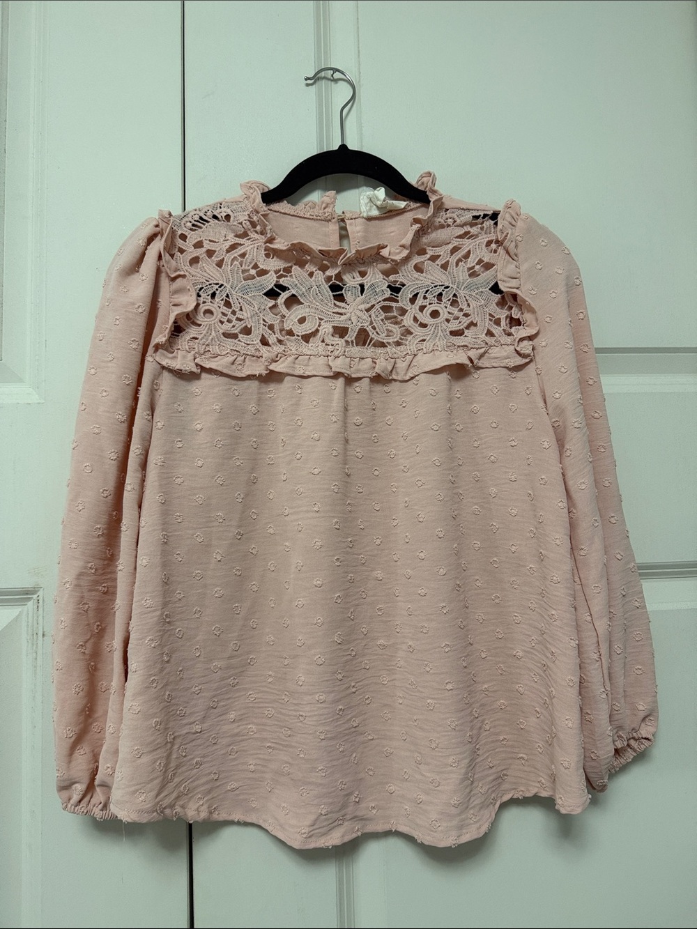 Lace Yoke Swiss Dot Long-Sleeve Top - Blush Sz Medium